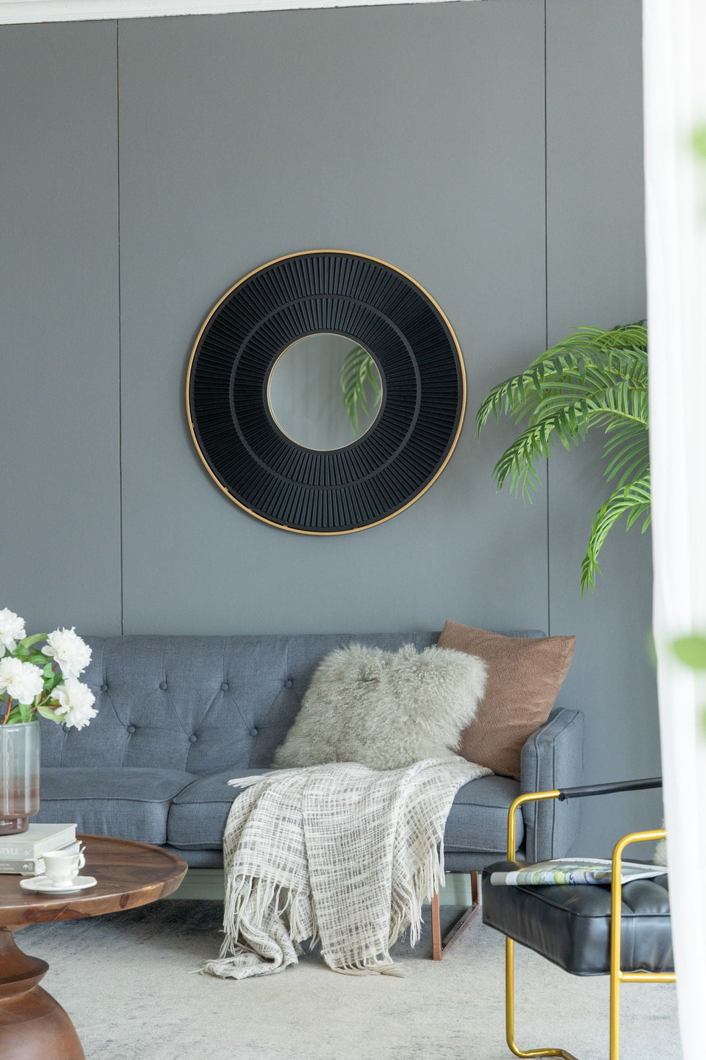 Round Wooden Wall Mirror with Iron Frame - Neutral Colorway