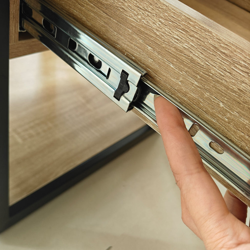 Modern End Table with Drawer - Natural Wood & Tempered Glass
