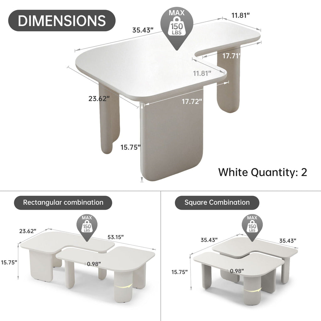 L-Shape Coffee Table with Modular Nesting Design - White or Dark Brown