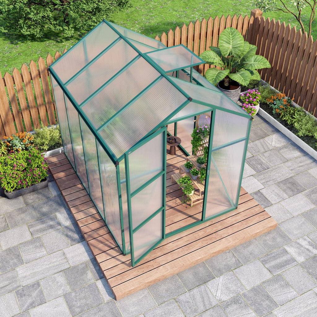 Polycarbonate Walk-In Greenhouse with Raised Base - Green