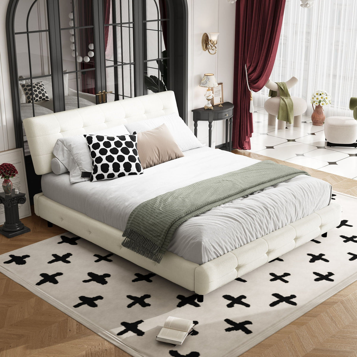 Tufted Headboard Upholstered Bed with Ultra-Soft Cloud Pillow Design - White or Black