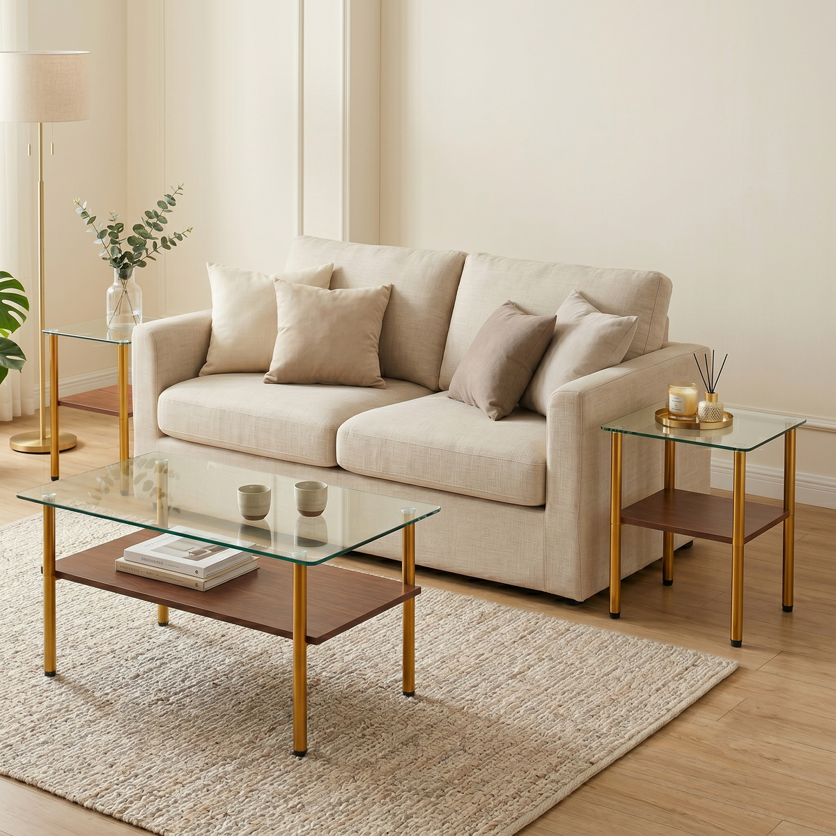 Modern Glass Coffee Table and End Tables Set of 3 with Golden Metal Legs