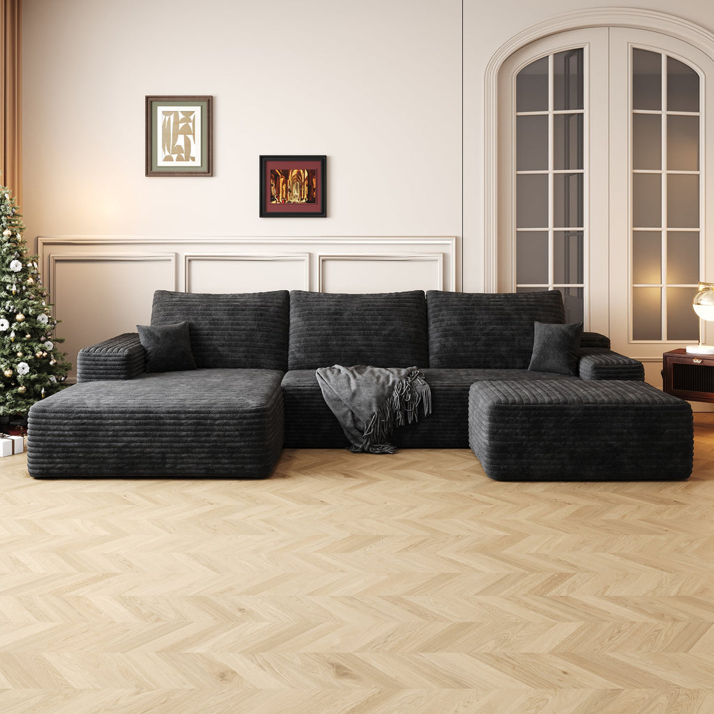107" Cloud Sectional Sofa with Ottoman with Plush Corduroy - Black or Green