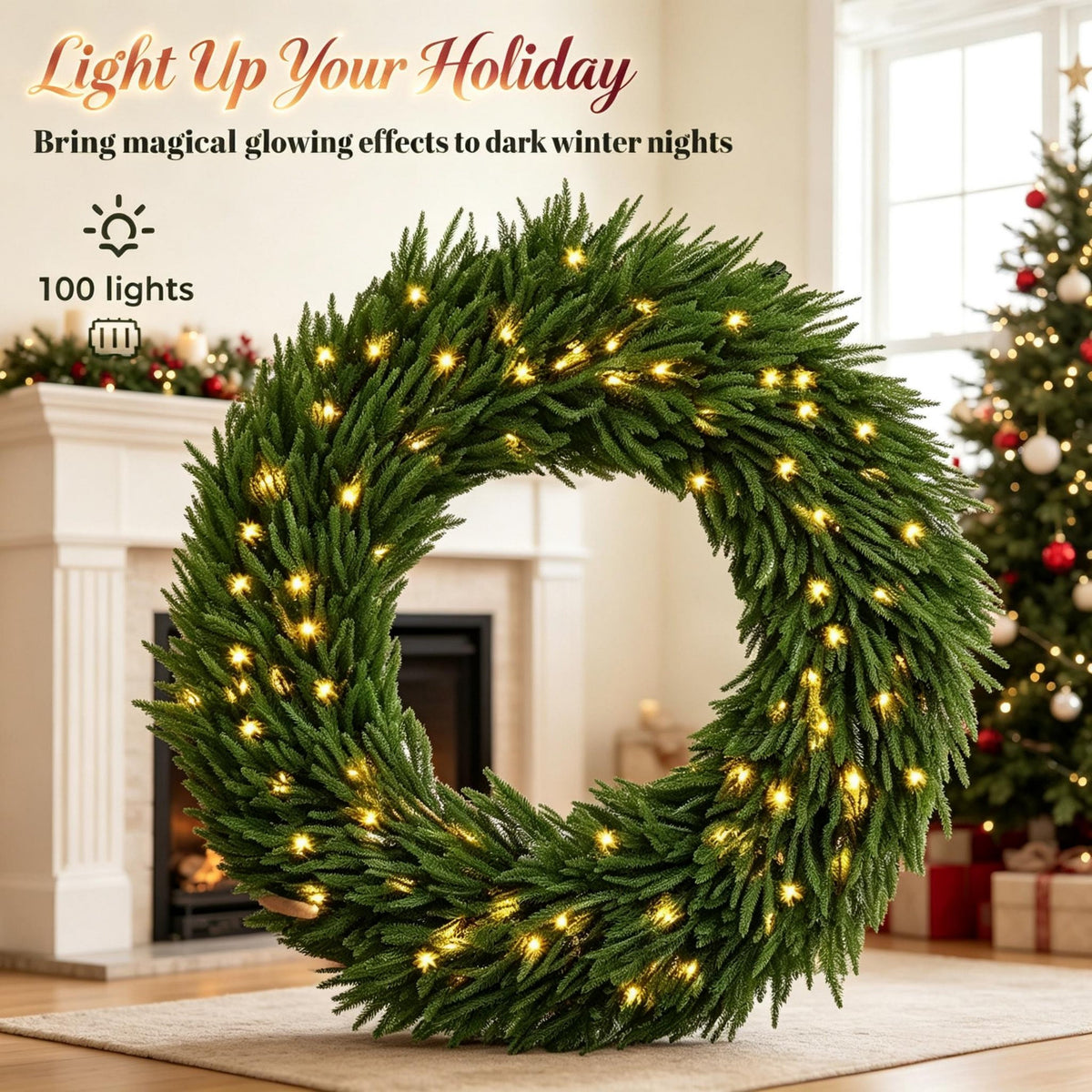 36-Inch Pre-Lit Christmas Wreath with Warm White Lights - Green