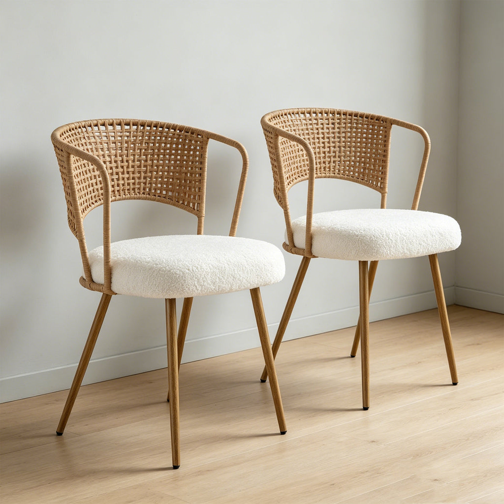 Wicker Dining Chairs - 2-Piece Set with Cushioned Cane Back - Brown