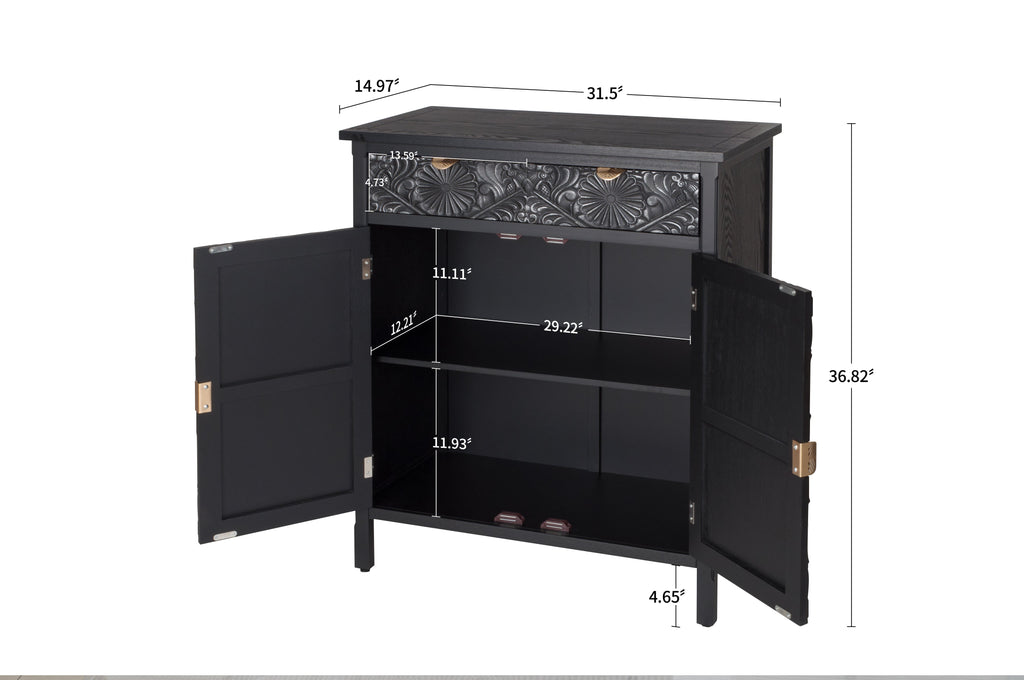 Hand-Carved Accent Cabinet with Intricate Floral Embossing - Black/Floral