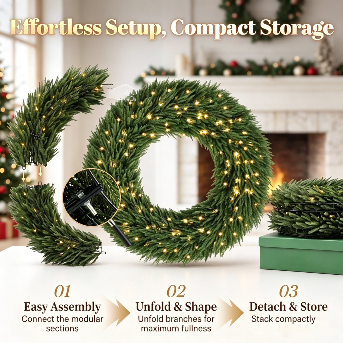 48" Artificial Norfolk Pine Christmas Wreath with LED Lights - Green