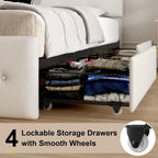 Upholstered Storage Bed Frame with LED Lights and Drawers – White or Black