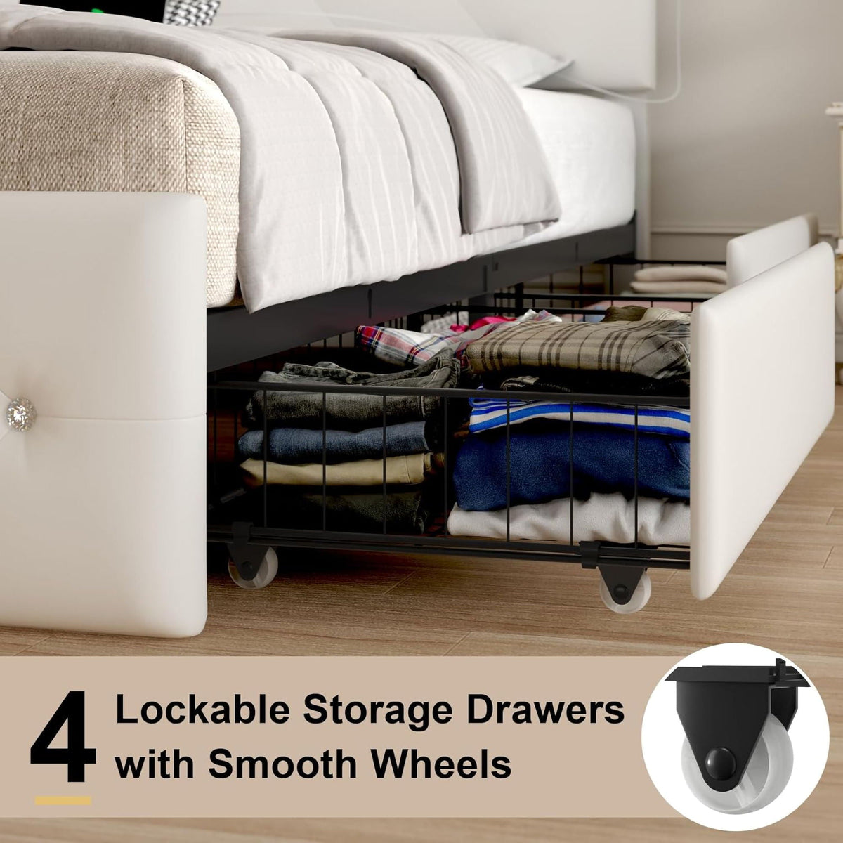 Upholstered Storage Bed Frame with LED Lights and Drawers – White or Black