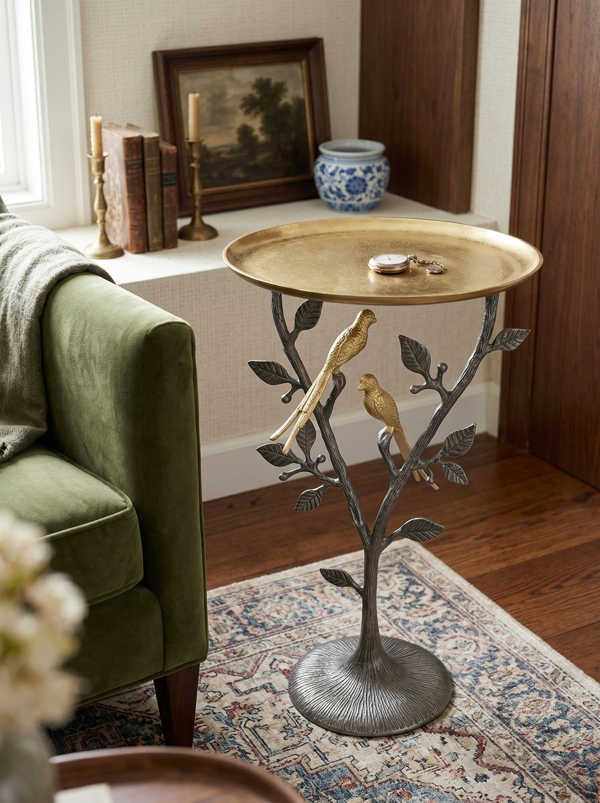 Metal Dual Bird Side Table with Round Tray - Gold