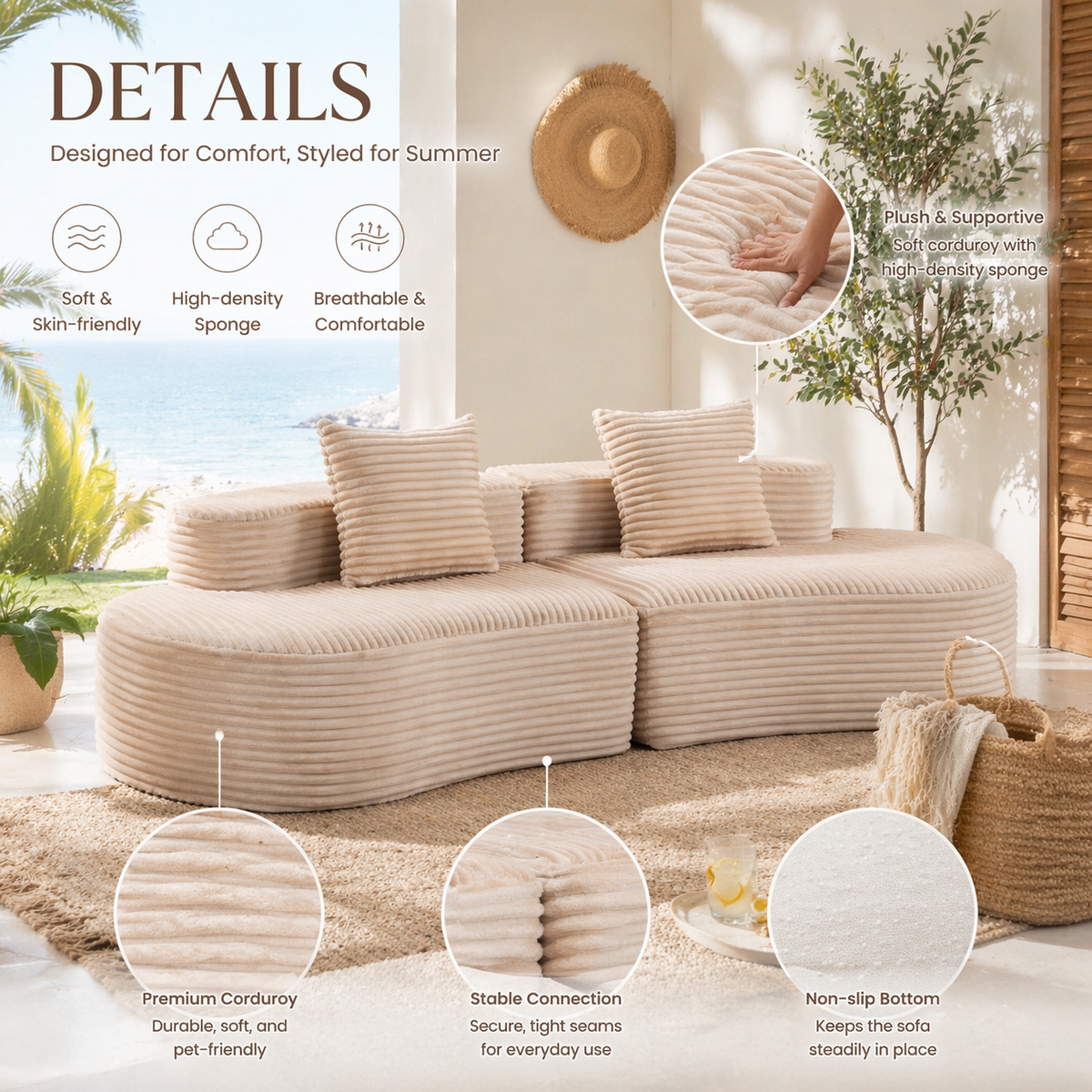 Corduroy 2-Seater Sofa with Lumbar Pillows - 110.24" Fully Compressed