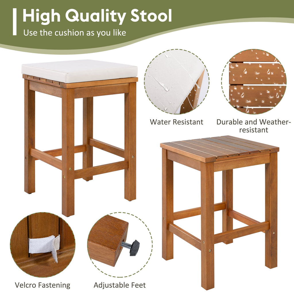 Acacia Wood 5 Piece Outdoor Bar Set with Cushioned Stools - Natural