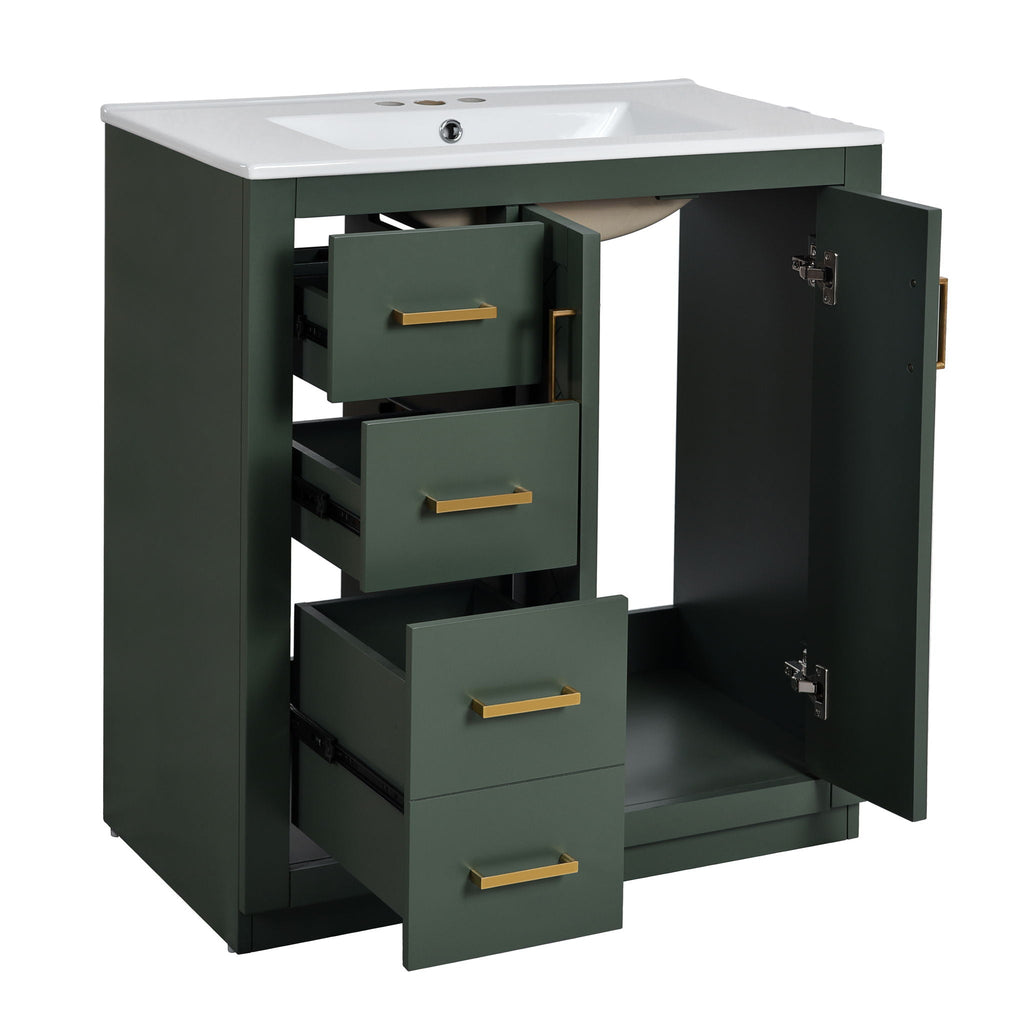 Ceramic Sink Vanity Combo with 3 Drawers and Soft Closing Doors - 30"