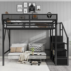 Queen Size Loft Bed with Stairs and Storage Shelves - Black