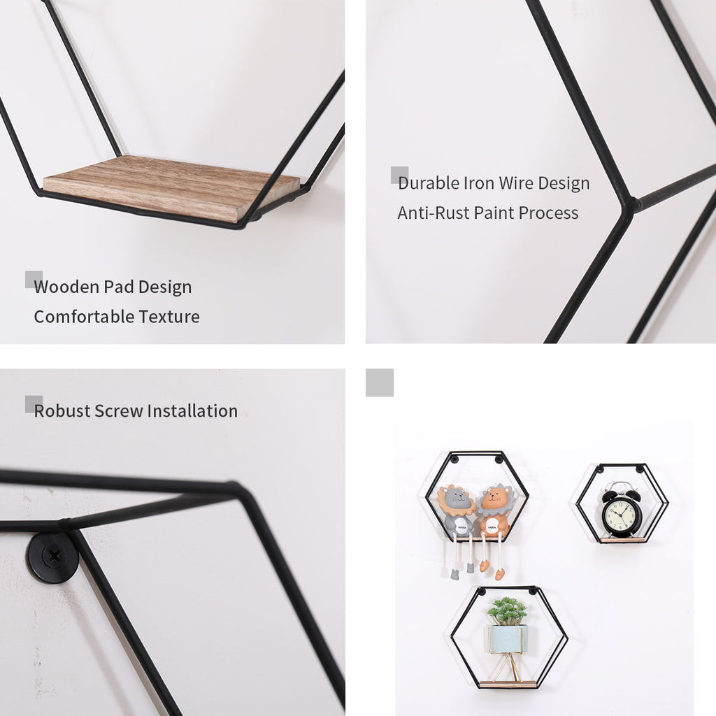 Wall Mounted Hexagonal Floating Shelves - Black (Set of 3)