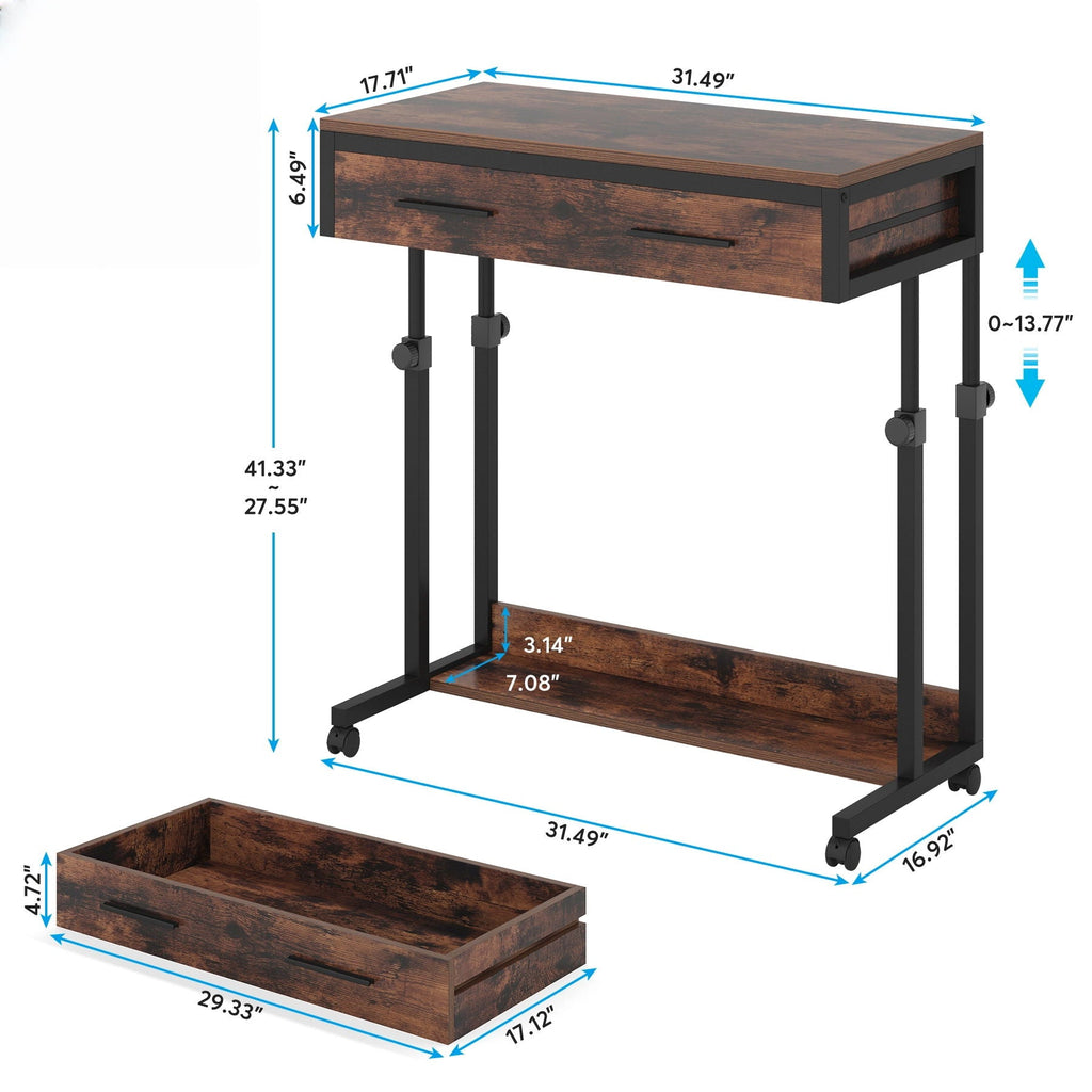 Portable Laptop Desk with Drawer & Wheels - Height Adjustable - Brown/Black