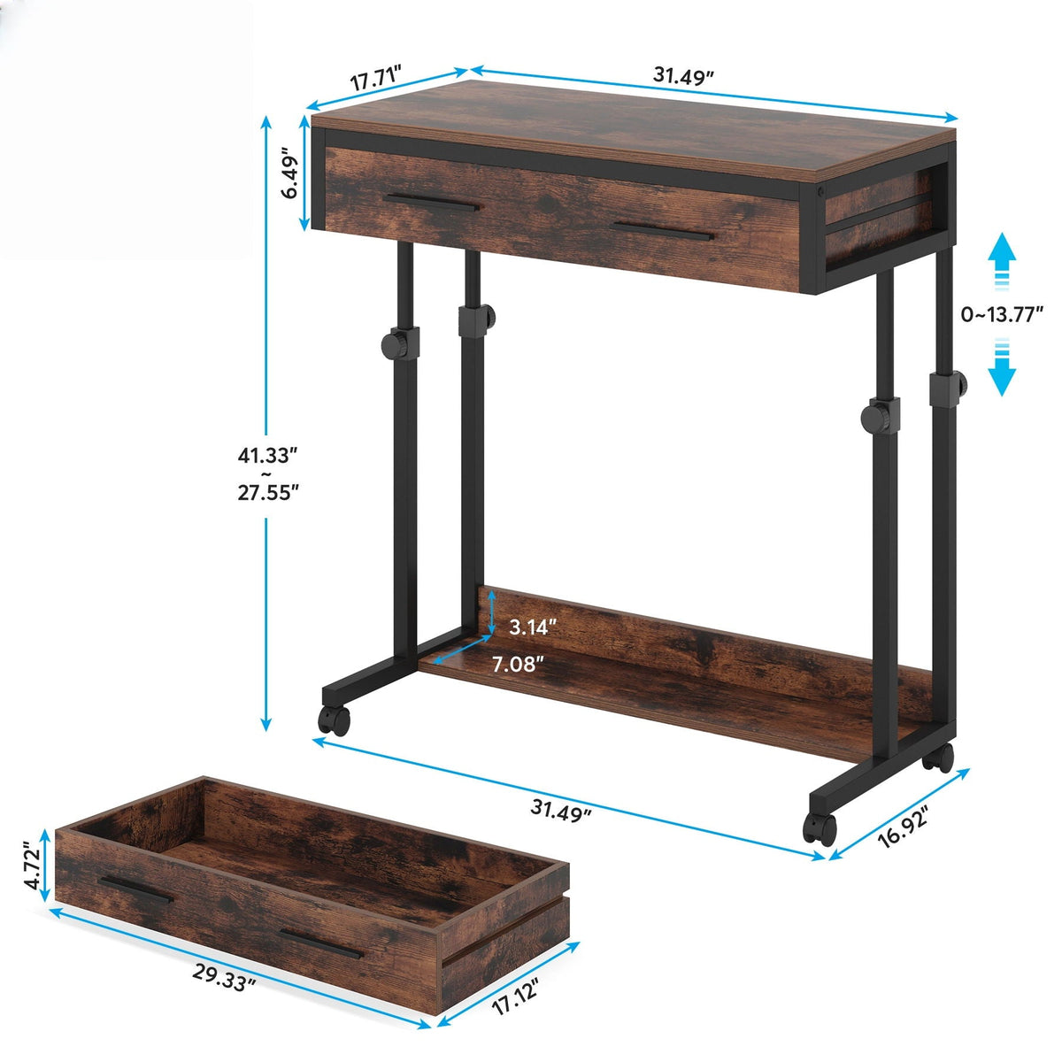 Portable Laptop Desk with Drawer & Wheels - Height Adjustable - Brown/Black