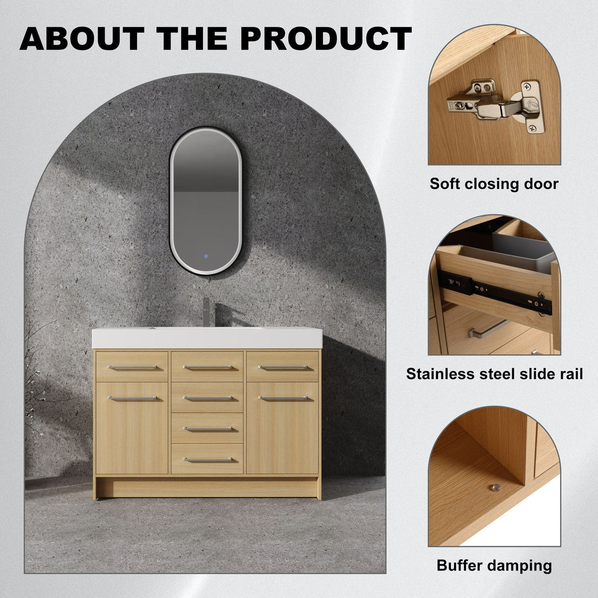 Freestanding Bathroom Vanity with Resin Sink and Soft-Closing Doors - Light Brown