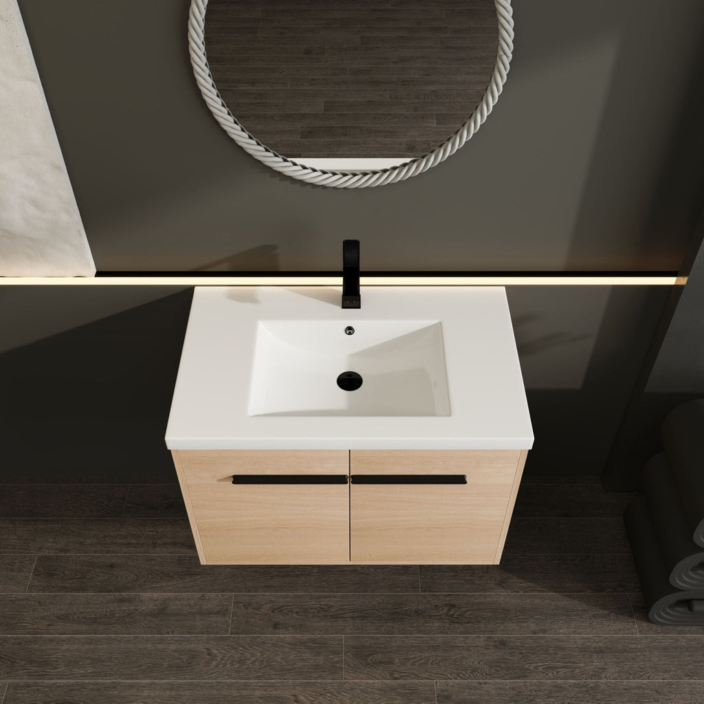 Bathroom Vanity Set with Resin Countertop Sink and 2 Doors - Light Brown Oak