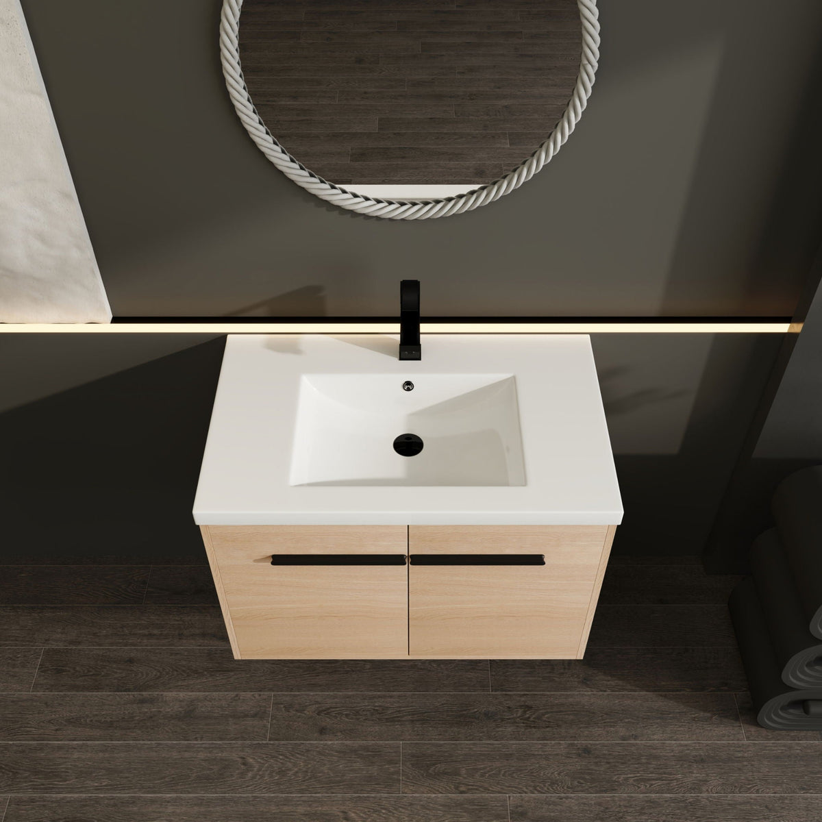 Bathroom Vanity Set with Resin Countertop Sink and 2 Doors - Light Brown Oak
