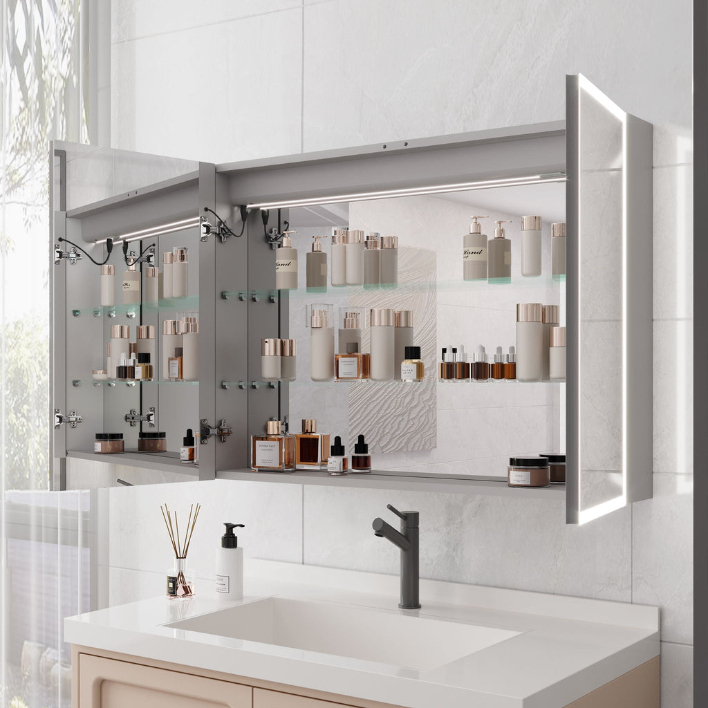 LED Medicine Cabinet With Defogger and Digital Display - Pearl Silver