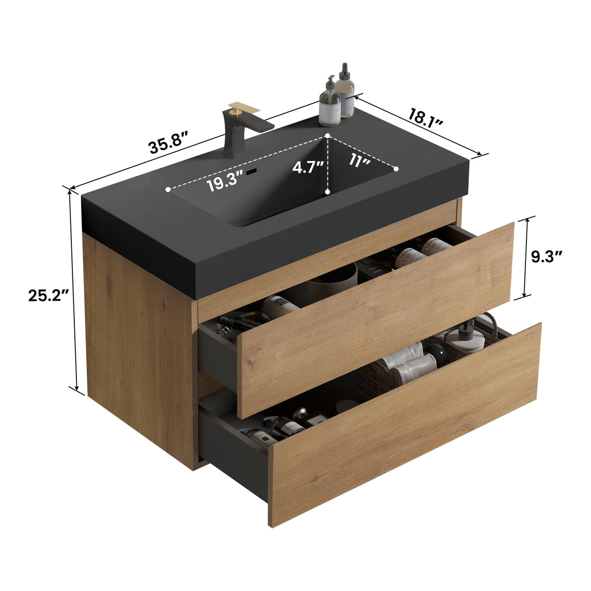 Natural Oak Bathroom Vanity with Floating Quartz Sink - Light Brown