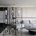 Black Room Divider with Photo Frames, Antique Mirror & Candlesticks - 71" Tall