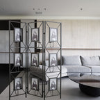 Black Room Divider with Photo Frames, Antique Mirror & Candlesticks - 71" Tall