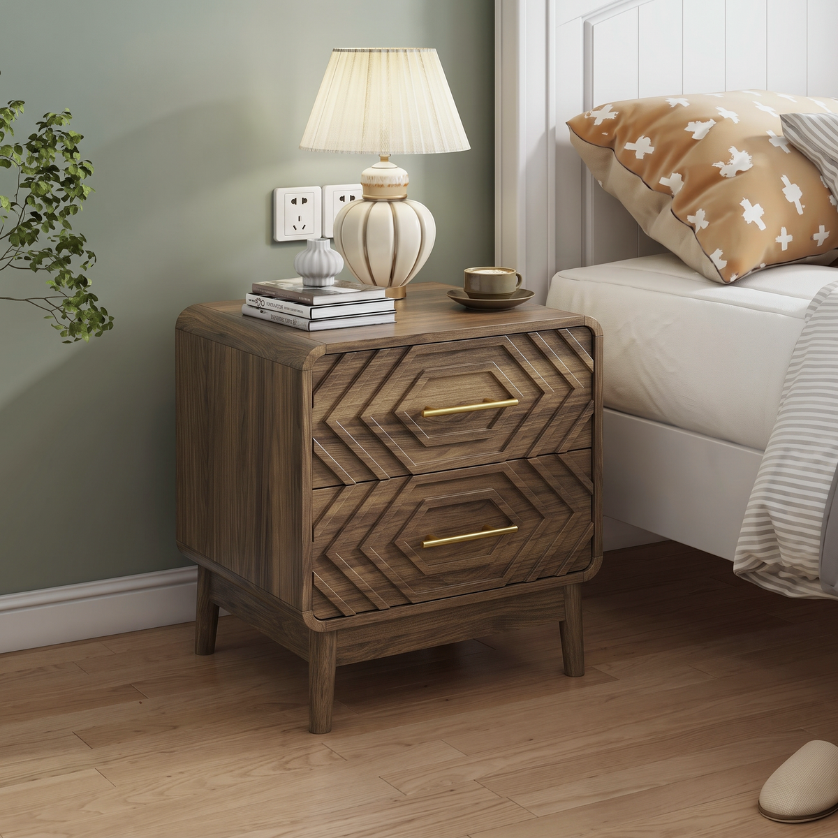 Walnut Wood Bedside Table with Double Drawers - Walnut