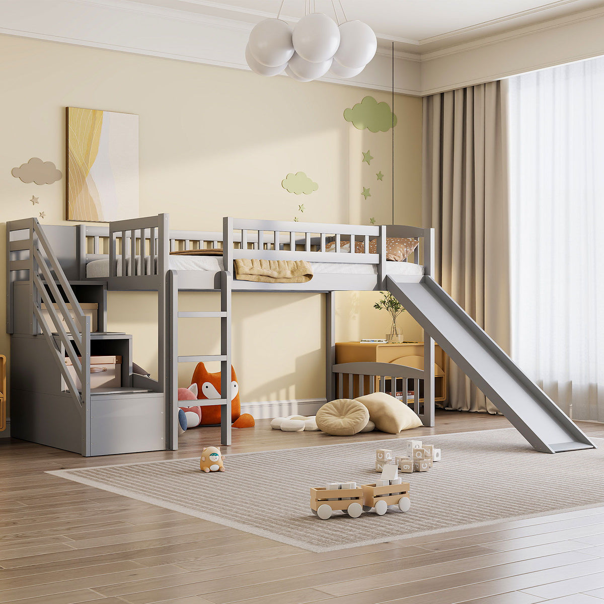 Loft Stairway Bed with Drawers and Convertible Ladder - Twin