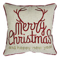 Christmas Throw Pillow with Embroidered Holiday Message - Red and Gold