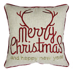 Christmas Throw Pillow with Embroidered Holiday Message - Red and Gold