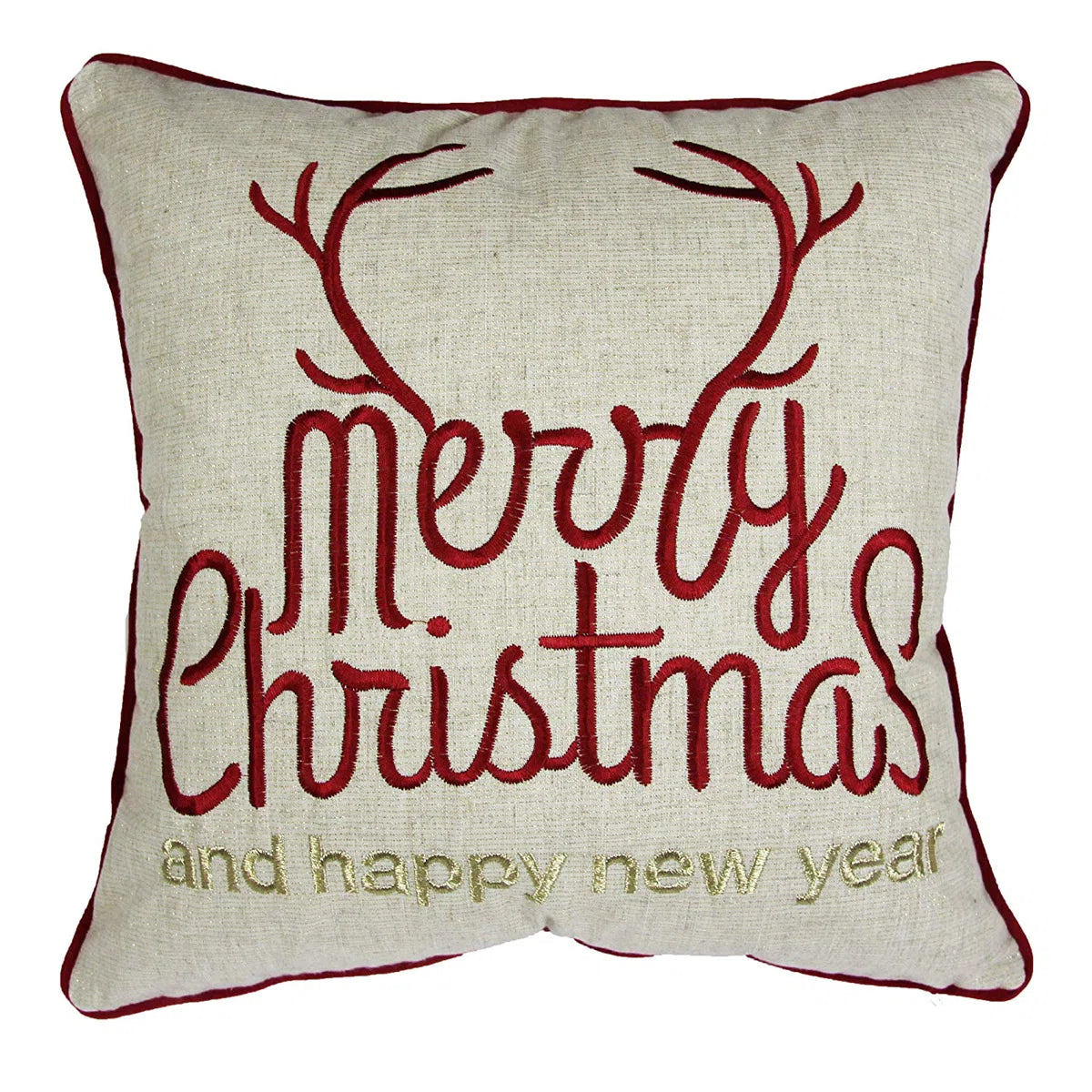Christmas Throw Pillow with Embroidered Holiday Message - Red and Gold