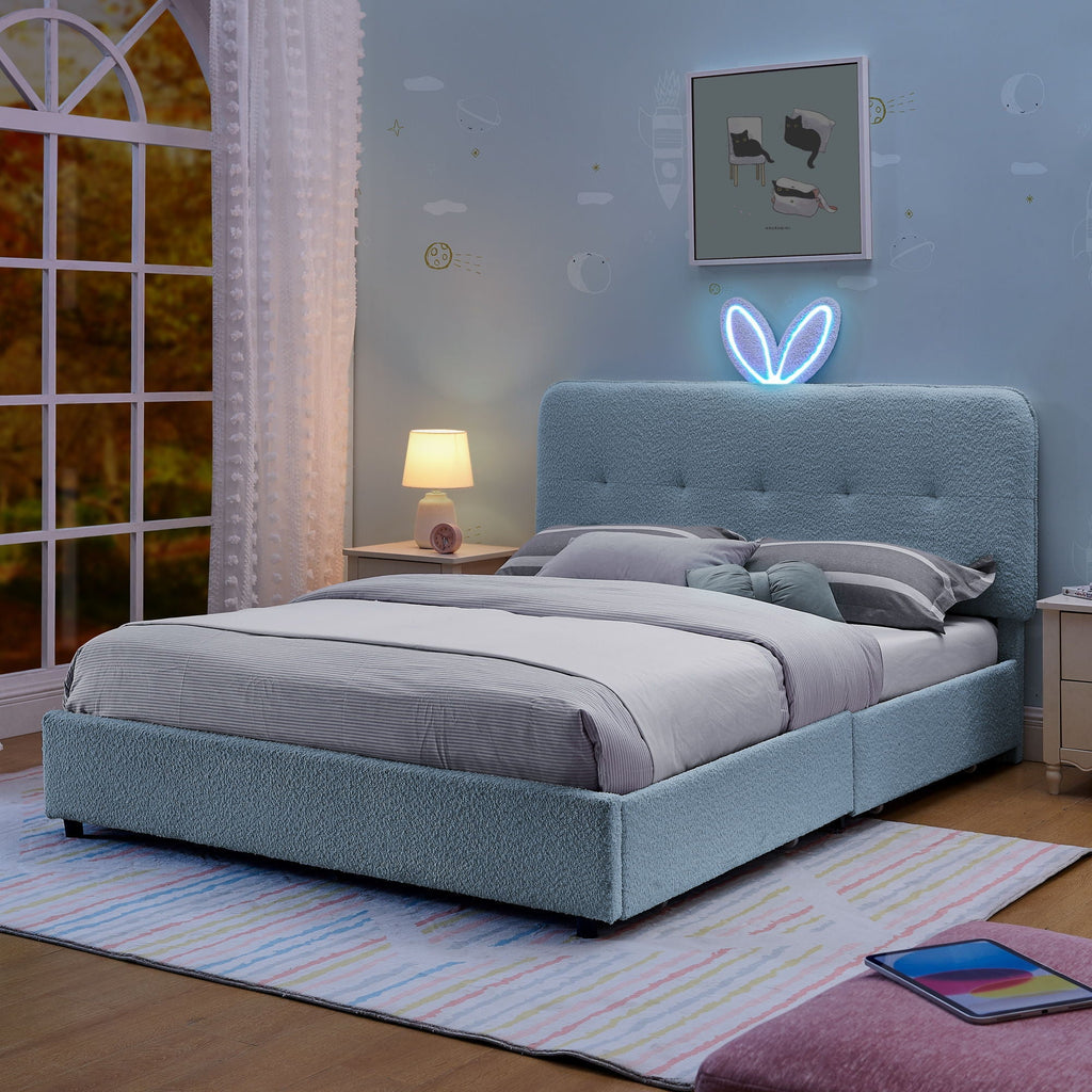 Upholstered Storage Bed with Oversized Rabbit Ear Headboard & LED Lights - Beige or Light Blue