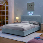 Upholstered Storage Bed with Oversized Rabbit Ear Headboard & LED Lights - Beige or Light Blue