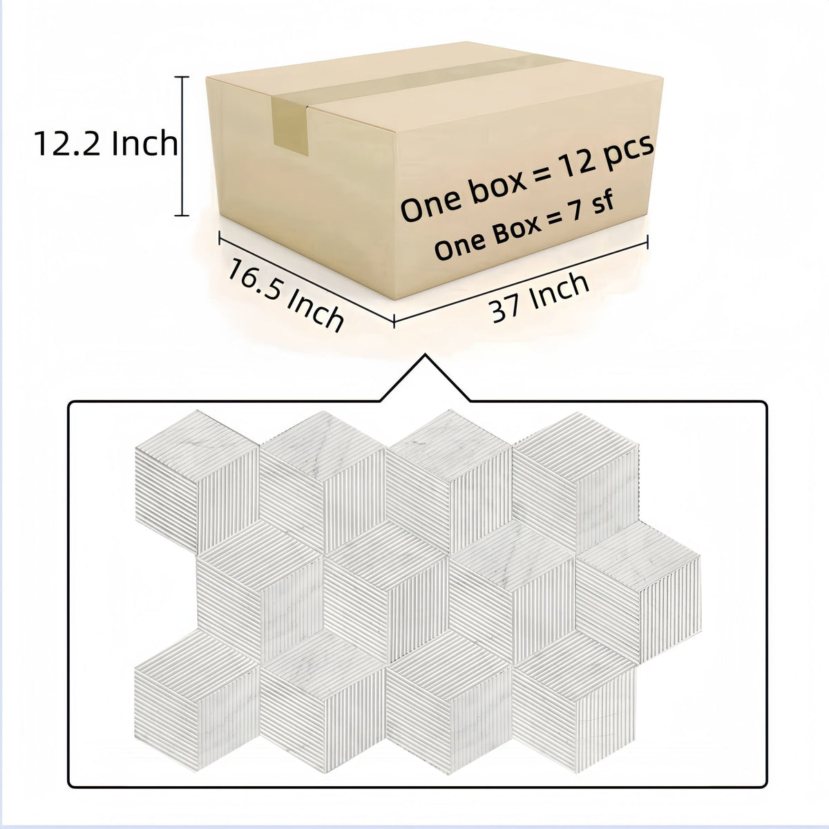 Hexagon Natural Stone Marble Decorative Tile Set with 3D Fluted Texture - Gray or White