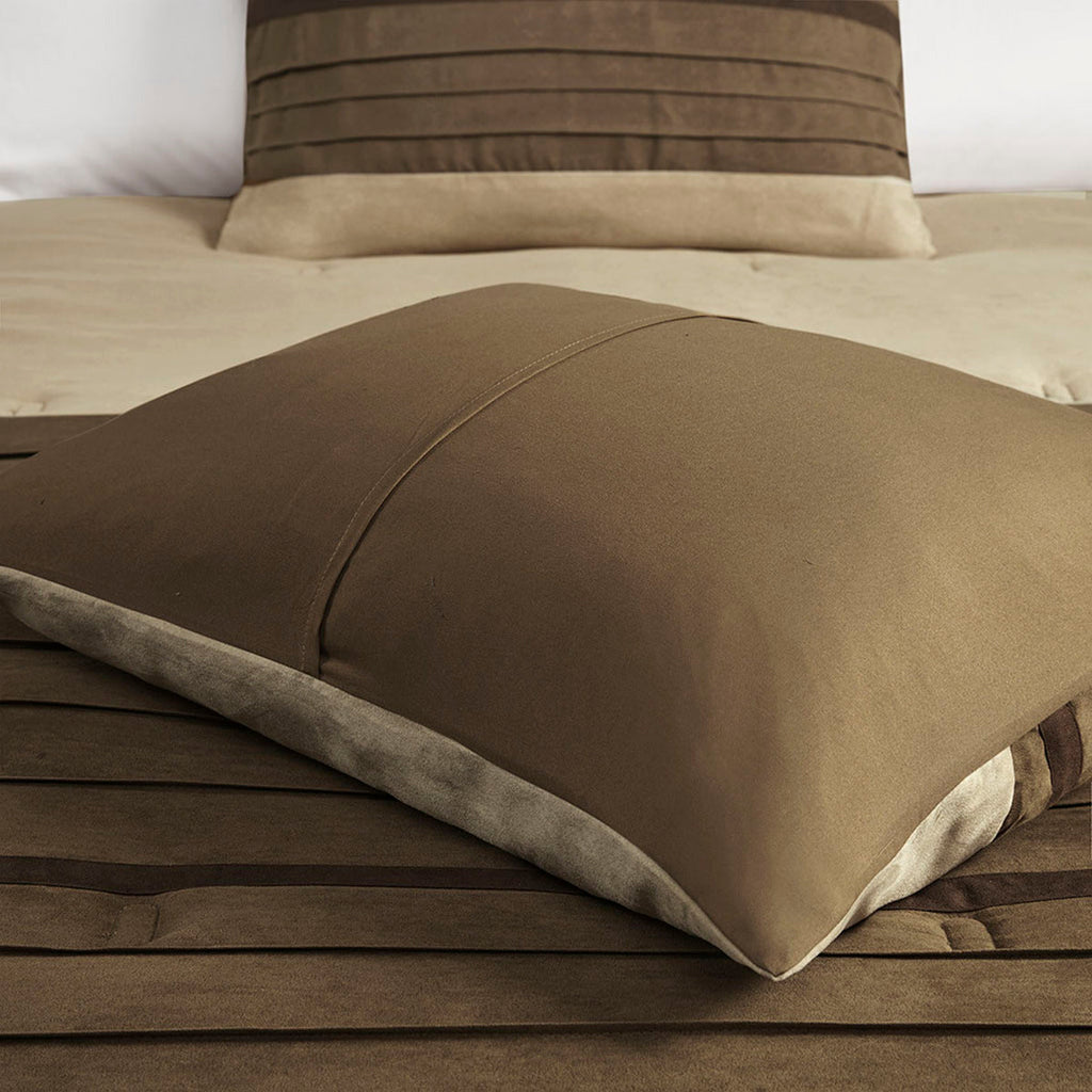 7 Piece Faux Suede Queen Comforter Set with Embroidered Pillows - Natural