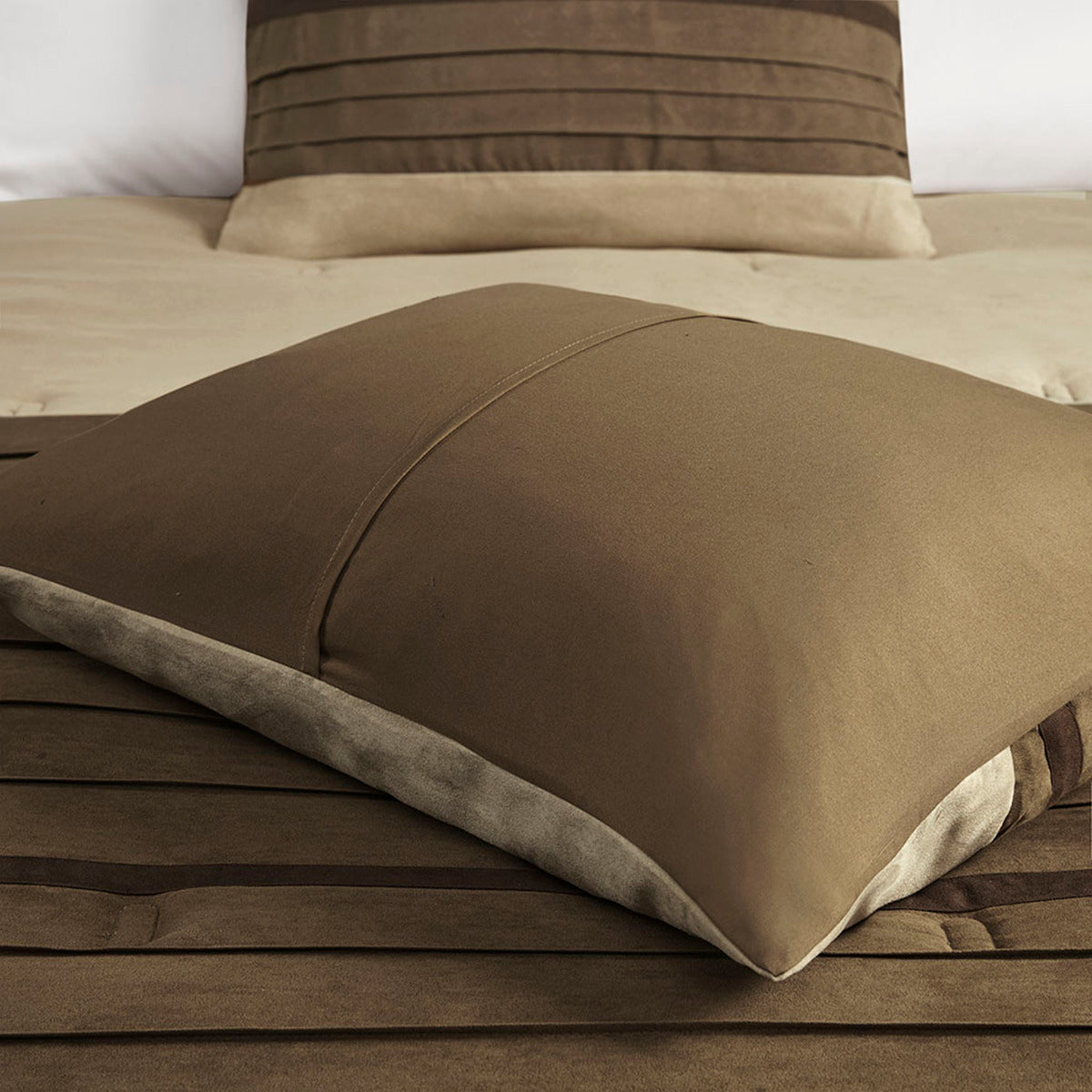 7 Piece Faux Suede Queen Comforter Set with Embroidered Pillows - Natural