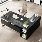 L-Shaped Executive Desk with Cabinet Storage - Dark Gray or Black