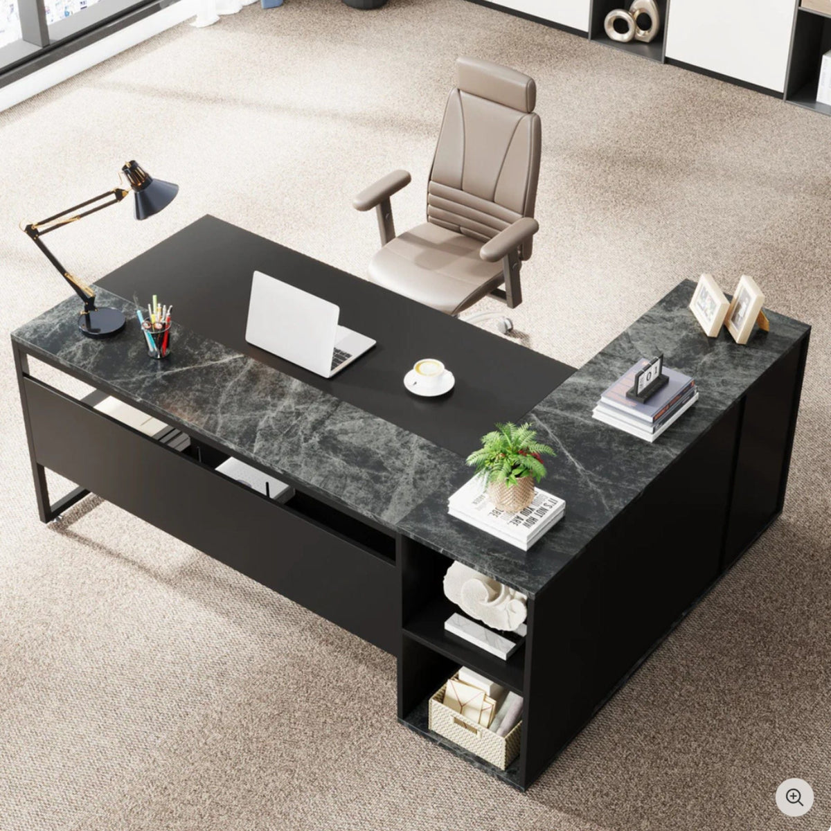 L-Shaped Executive Desk with Cabinet Storage - Dark Gray or Black