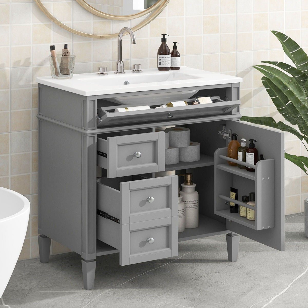 Bathroom Vanity with Ceramic Sink and Multiple Storage Drawers - White, Blue, Dark Gray, Black, Dark Green