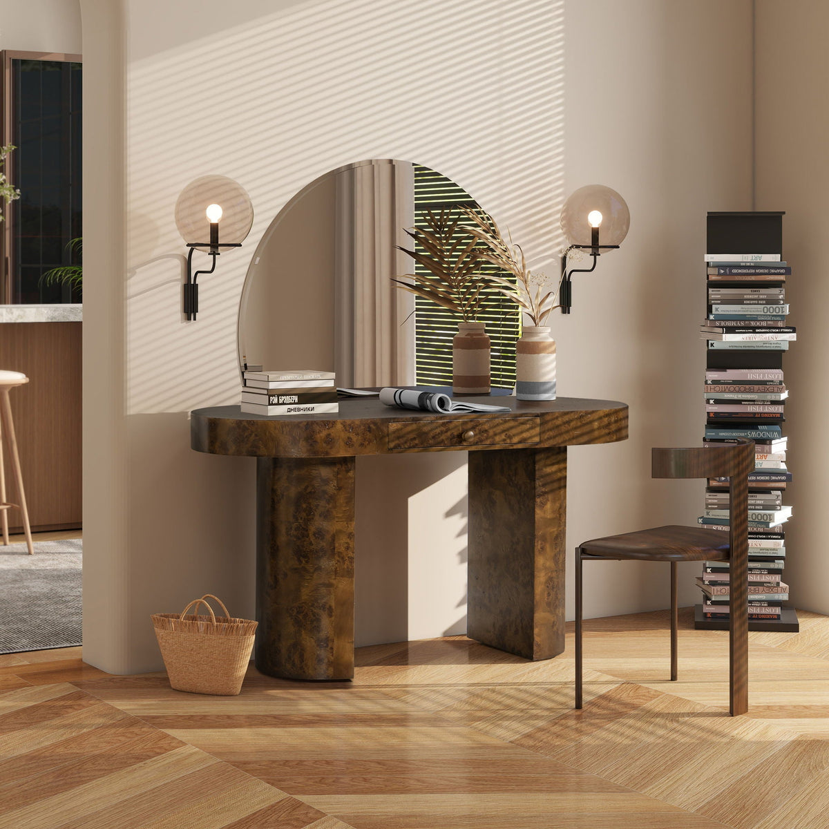 Oval Computer Desk with Single Drawer - Burl Wood Veneer, Light or Dark Brown