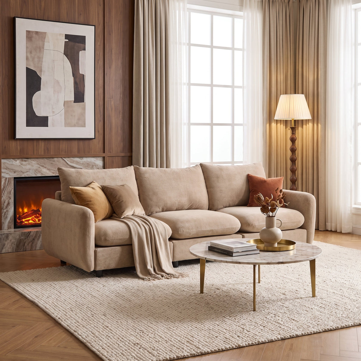 99 in. Modular 3-Piece Sectional Sofa Couch with Eucalyptus Frame - White, Nomad, or Camel