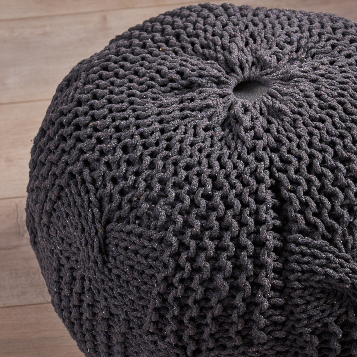 Knitted Round Pouf with Polystyrene Bead Fill - Beige or Dark Gray