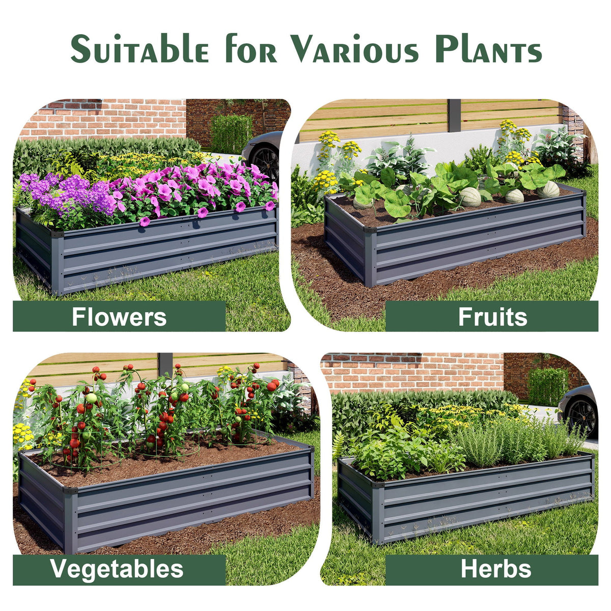 Large Galvanized Steel Garden Bed with Open-Bottom Drainage - Dark Gray