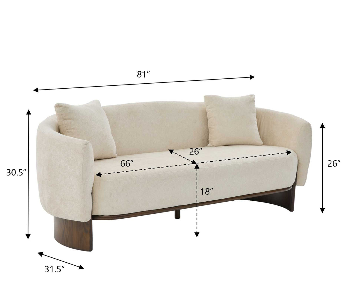 81 in. Curved Boucle Sofa with Wooden Base - Boucle Upholstery