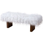 White Khaki Fur Bench with Walnut Frame - Upholstered Bench