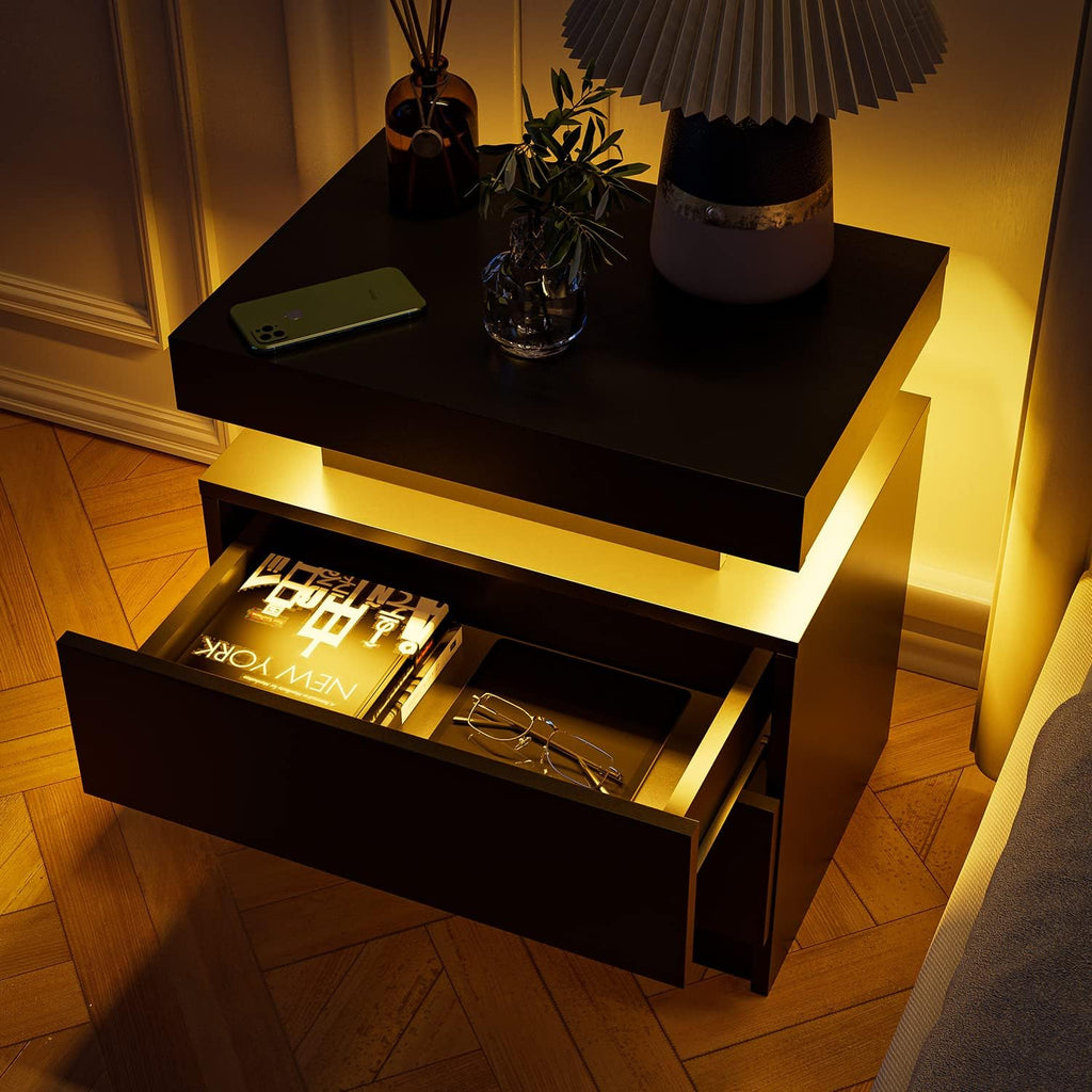 Modern LED Nightstand with 2 Drawers and Adjustable LED Lights - White
