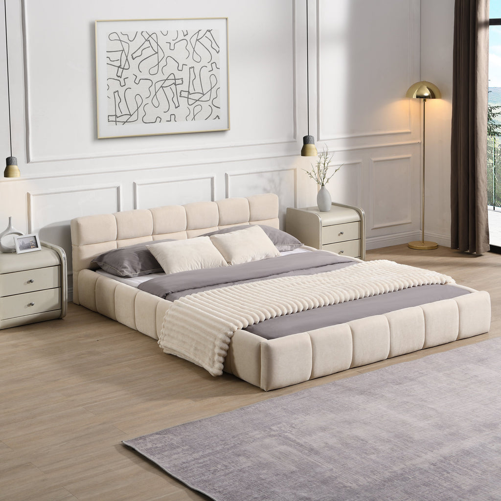Elegant Chenille Upholstered Bed with Checkerboard Headboard - Beige