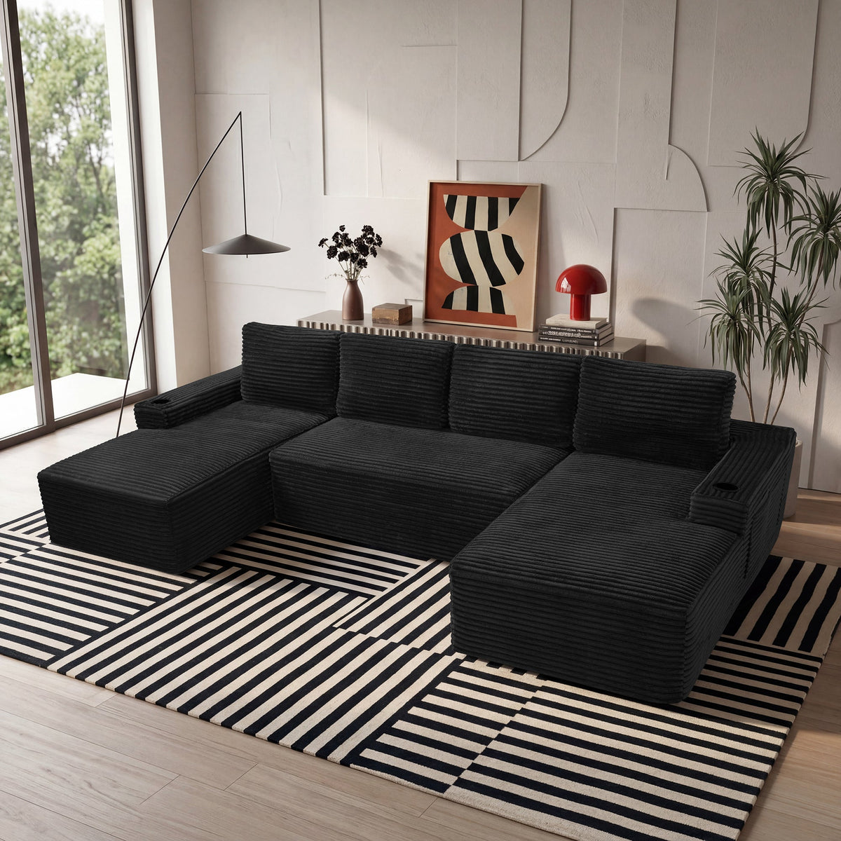 Compressible U-Shaped Sectional Sofa Set with Built-In Cup Holders - Corduroy
